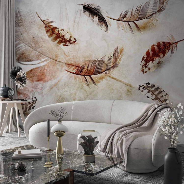 Wall Mural Gentle float - abstract motif of birds' feathers in the wind