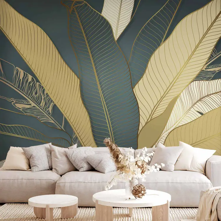 Majestic Leaves - Golden Palm Trees on a Dark Gray Background