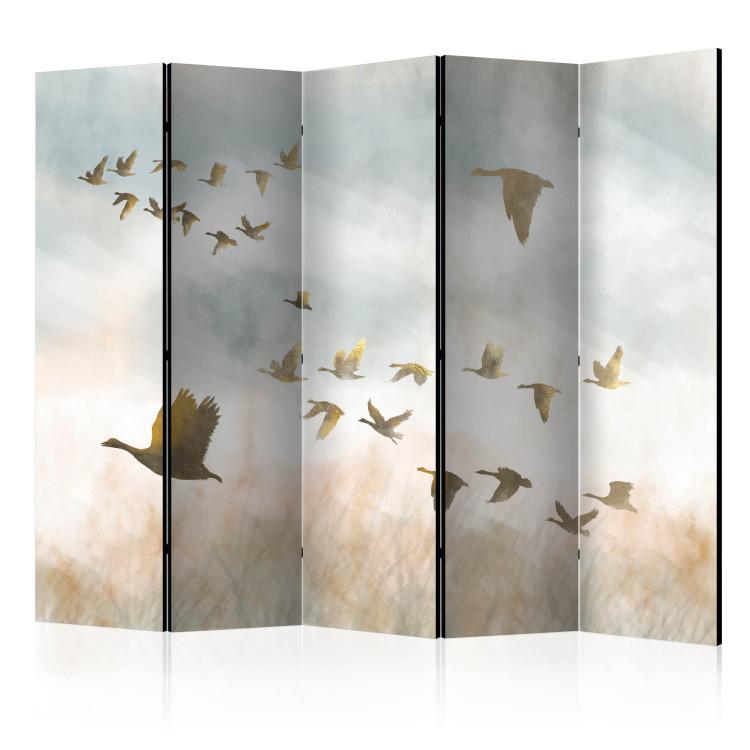Room Divider Golden Geese II (5-piece) - Flying birds and countryside landscape in the background