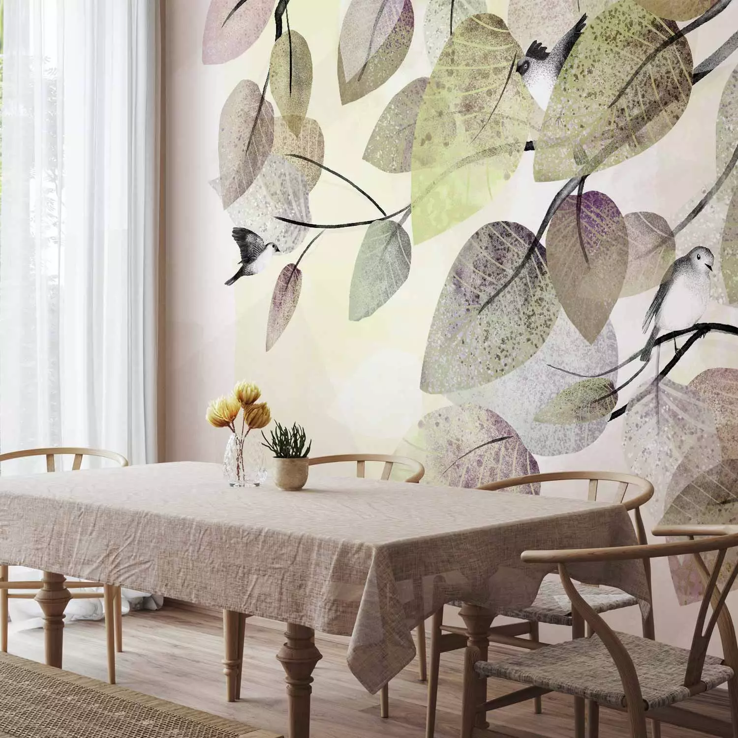 Photo Wallpaper Birds among leaves - a floral theme maintained in  gray-green colors - bimago