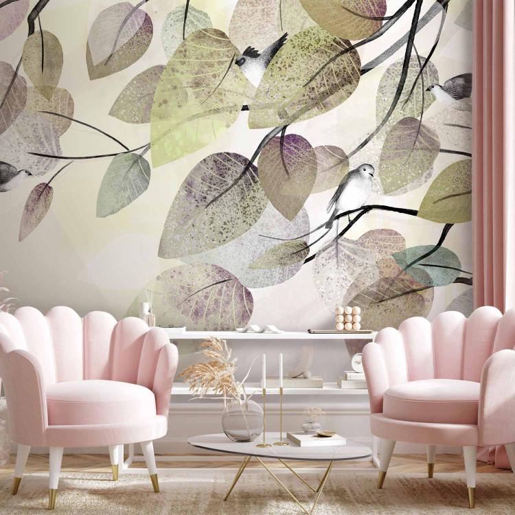 Wall Mural Birds among leaves - a floral theme maintained in gray-green colors