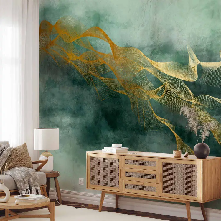 Linear dawn - green watercolour style abstraction with gold pattern