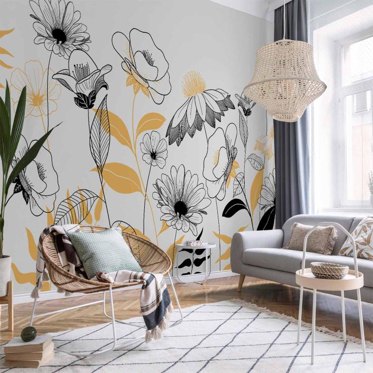 Wall Mural Sketch with flowers - nature in white, black and orange