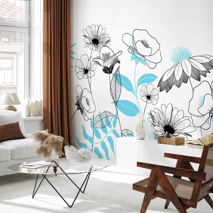 Wall Mural Drawn flowers - plant motif with blue patterns on white background