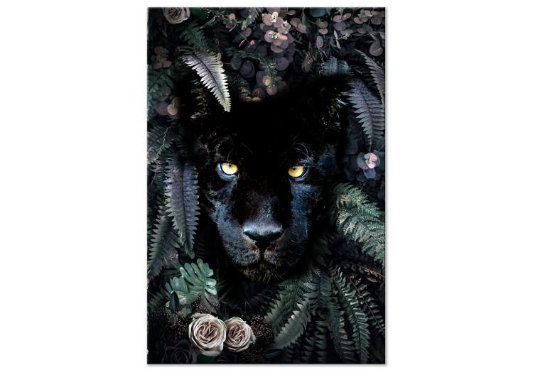 Canvas Print Black Panther in Leaves (1-piece) Vertical - cat in dense jungle