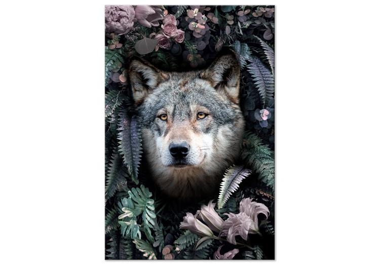 Canvas Print Wolf in Flowers (1-piece) Vertical - nocturnal animal amidst leaves