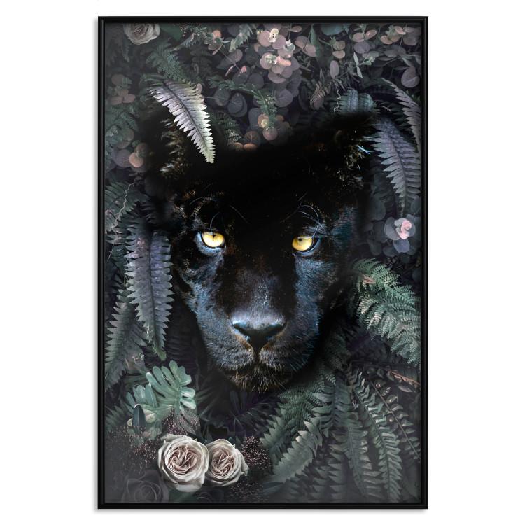 Poster Black Panther in Leaves - portrait of a panther against a background of green plants