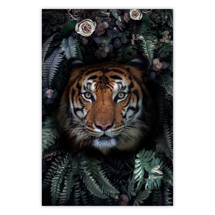 Poster Tiger in Leaves - portrait of a tiger against a background of green plants and flowers
