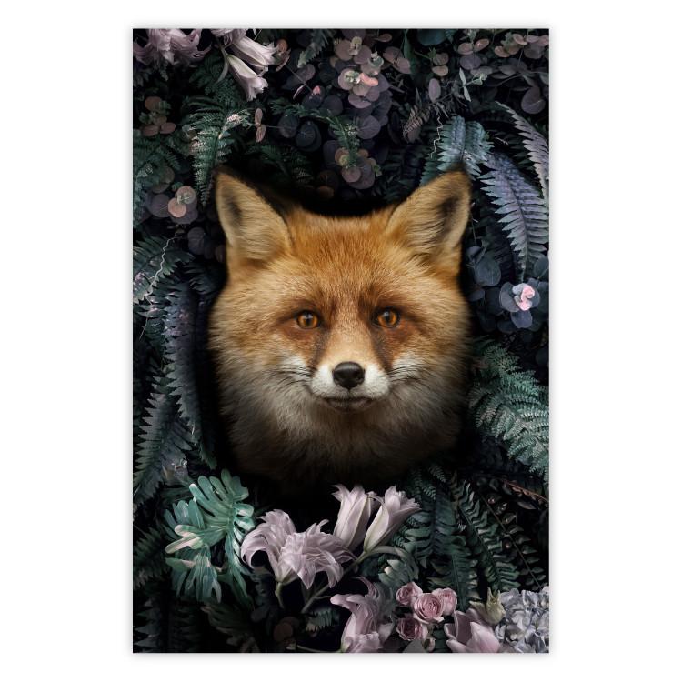 Poster Fox in Flowers - portrait of a fox against a background of green plants and flowers