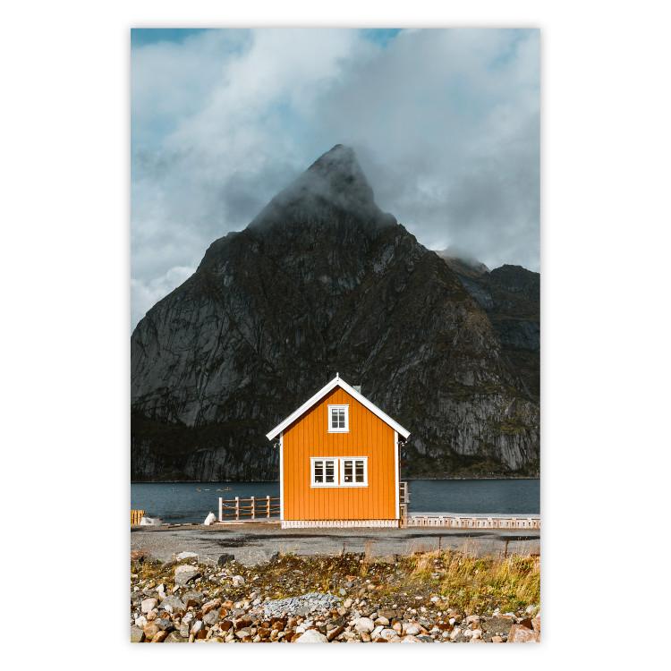Poster Northern Shore - majestic composition of a yellow cottage against mountains