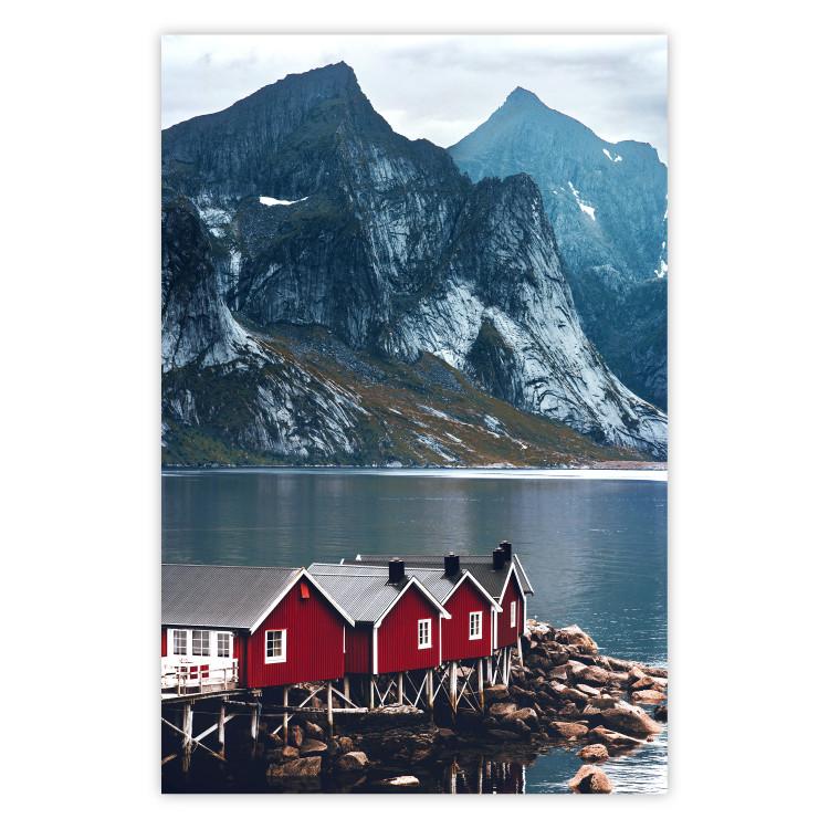 Poster Soothing Blue - landscape of a red cottage and lake against mountains