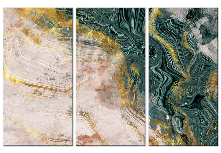 Canvas Print Golden Veins in Malachite (3-piece) - modern abstraction with beige