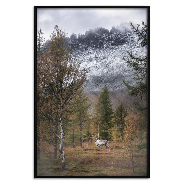 Poster Autumn Guest - forest composition of an animal amidst trees against mountains
