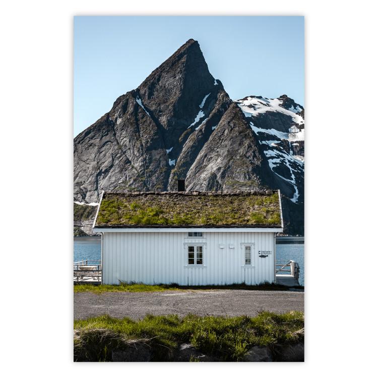 Poster Cottage under the Rock - landscape of a cottage against a lake and a large gray mountain