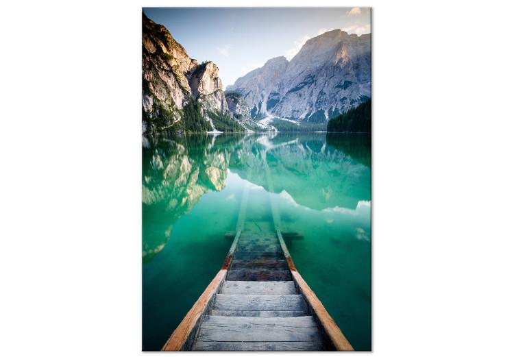 Canvas Print Beginning of Adventure (1-piece) Vertical - old stairs and mountain landscape
