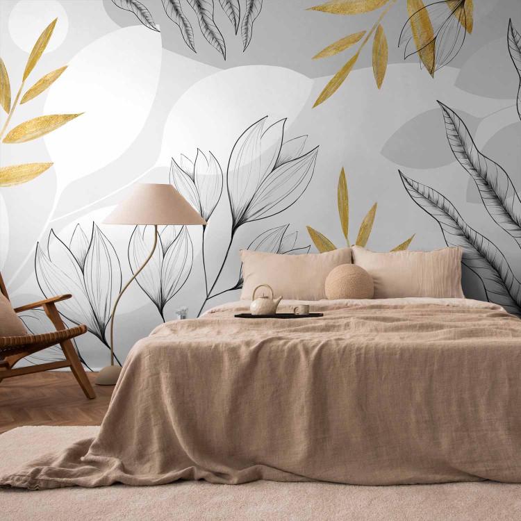 Wall Mural Spring abstraction - leaves and flowers with golden elements