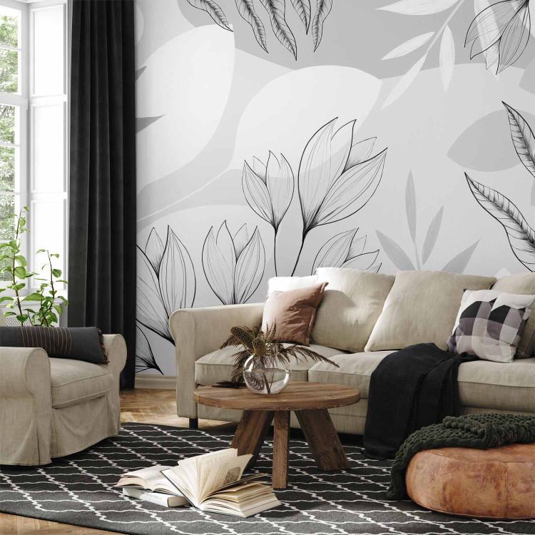 Wall Mural Gray face of flowers and leaves - composition with abstract motif