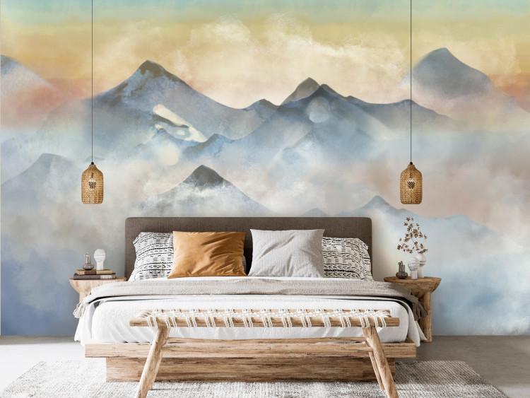 Wall Mural Mountain landscape watercolour - subtle landscape of mountains in mist with sunset