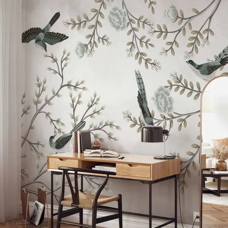 Birds in the garden - minimalist tree landscape with leaves and flowers