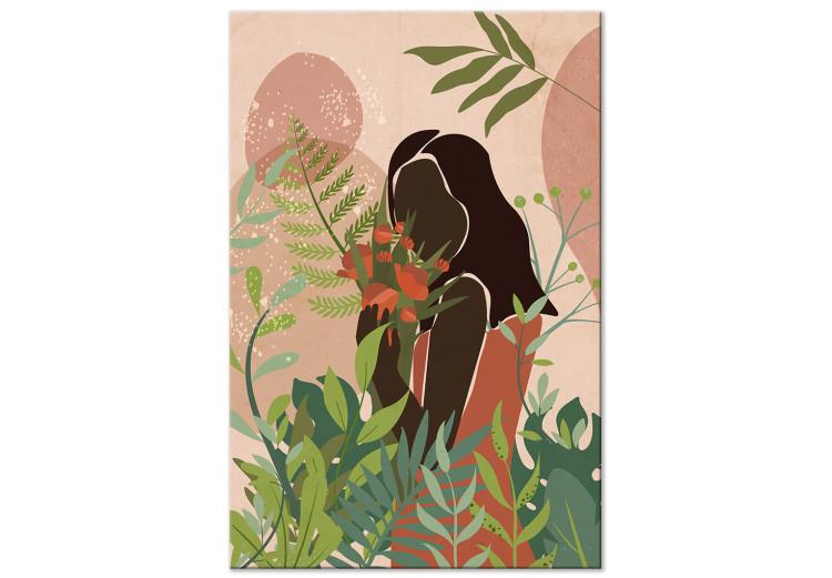 Canvas Print Woman in Green (1-piece) Vertical - colorful plants on pink background