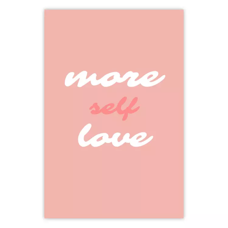 Poster More Self Love - white and pink English texts on a pastel background