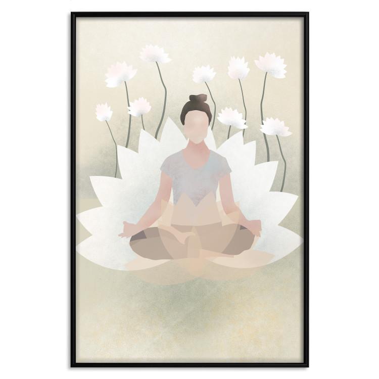 Poster Love Yoga - meditating woman against white flowers in a Zen style