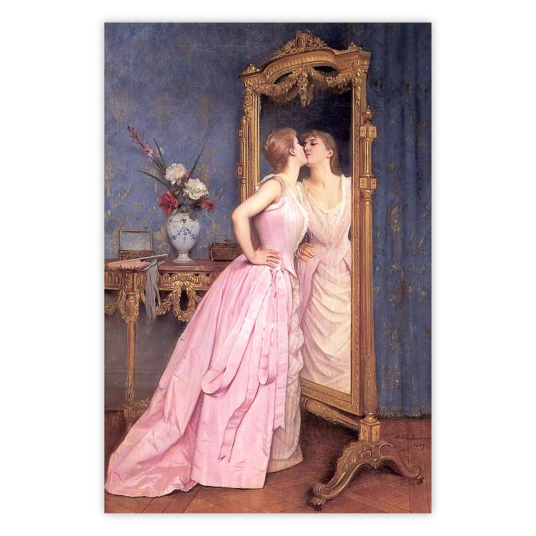 Poster Vanity - woman in a pink long dress looking at herself in the mirror