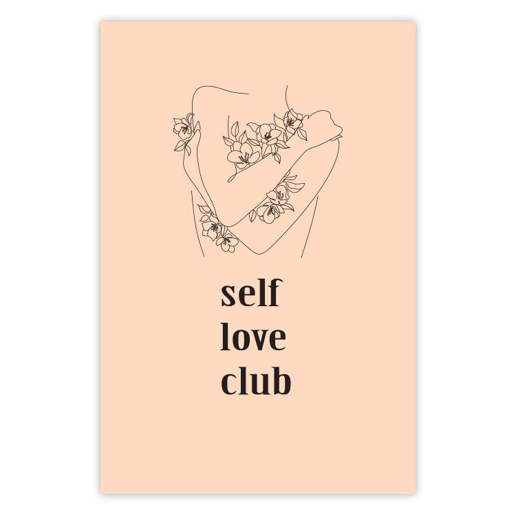 Poster Self Love Club - woman lineart and texts on a pastel background