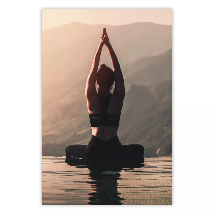 Poster Relaxation in the Mountains - photograph of a woman practicing yoga against a mountain backdrop