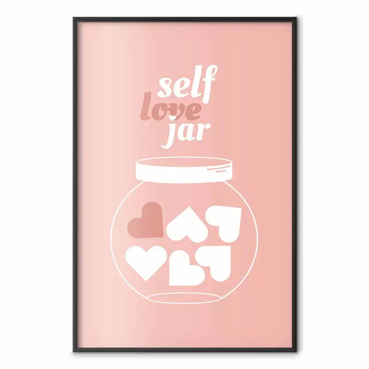 Self Love Jar - jar with hearts and English texts on a pink background