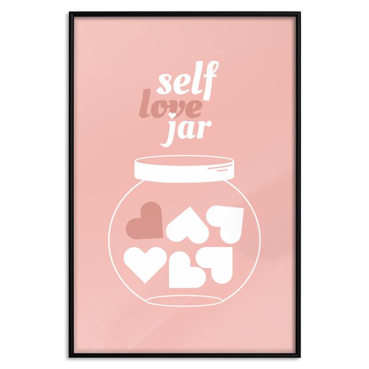 Poster Self Love Jar - jar with hearts and English texts on a pink background