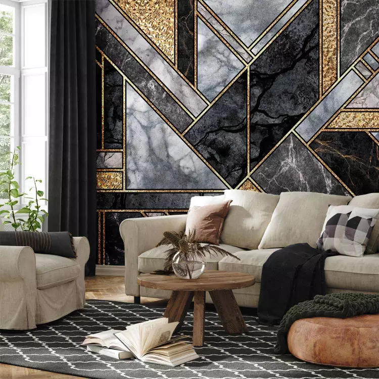Geometric art deco - grey and black marble with gold patterns