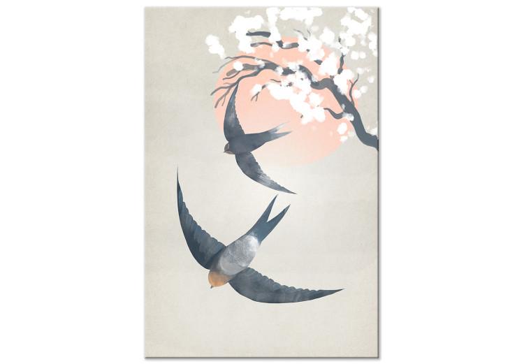Canvas Print Swallows in Flight (1-piece) Vertical - birds against a cherry tree background
