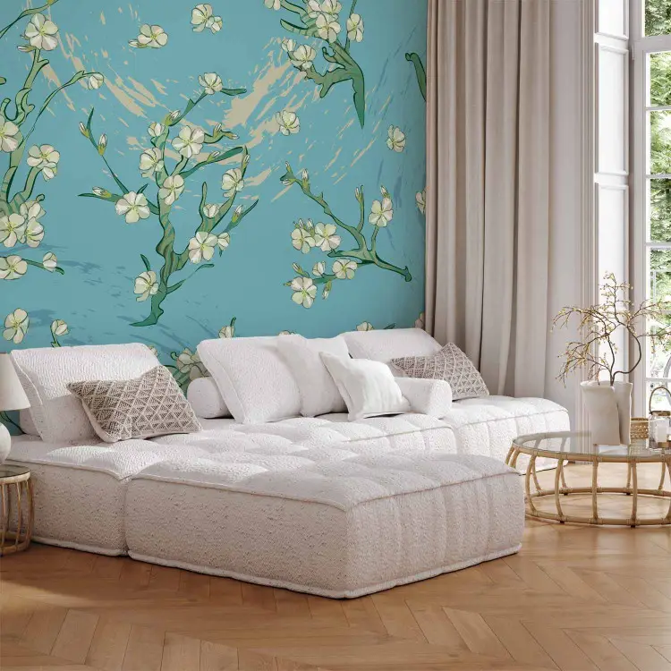Flowers of Asia - blooming almond tree flowers on a blue background