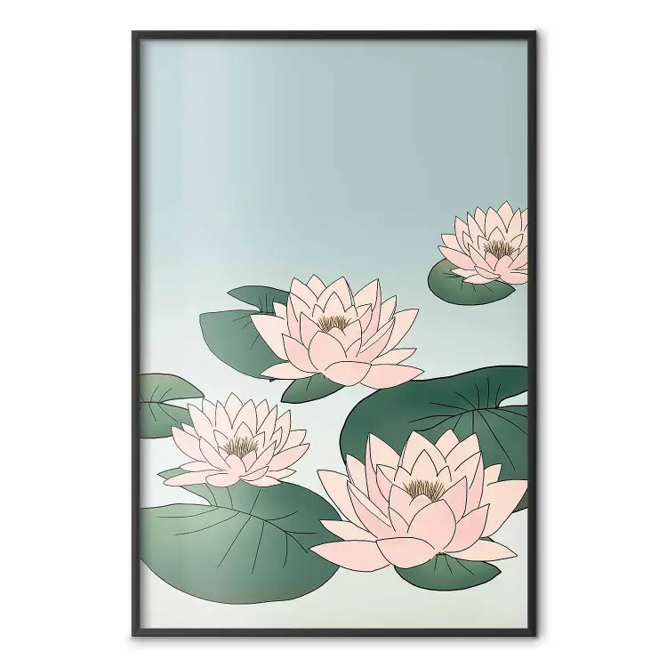 Pink Water Lilies - Pink Flowers and Green Leaves on a Light Background