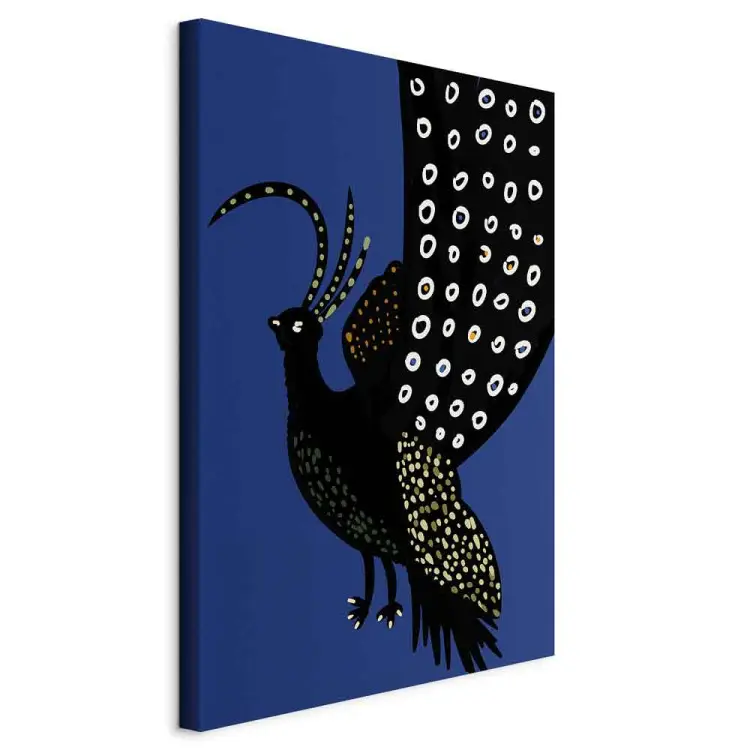 Oriental Peacock Vertical - black bird on navy background