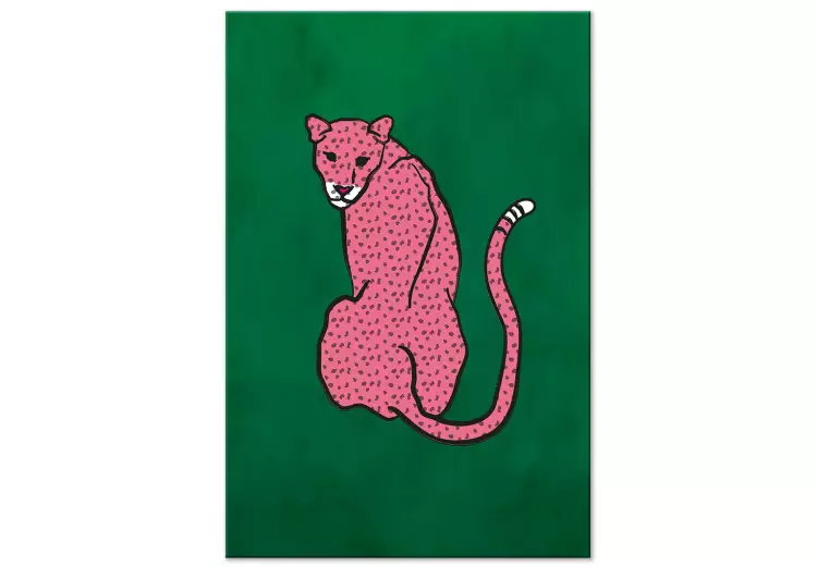 Canvas Print Pink Cheetah (1-piece) Vertical - wild cat on an emerald background