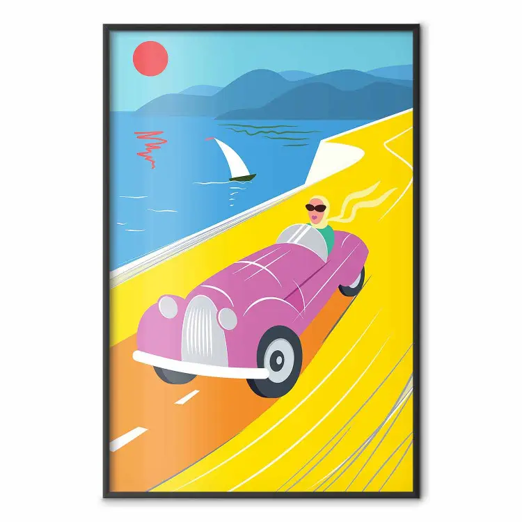 Colorful Ride - Woman in a Car with Sea and Boat Background