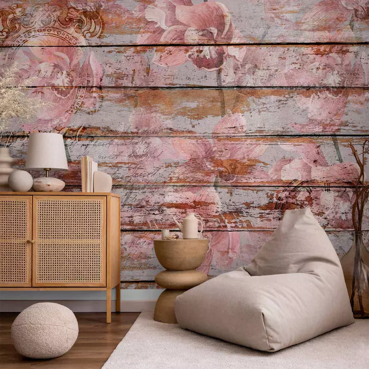 Painted orchids - floral motif on a background of old wooden boards