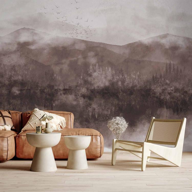 Wall Mural Brown hills with lake - mountainscape with forest in fog with pattern
