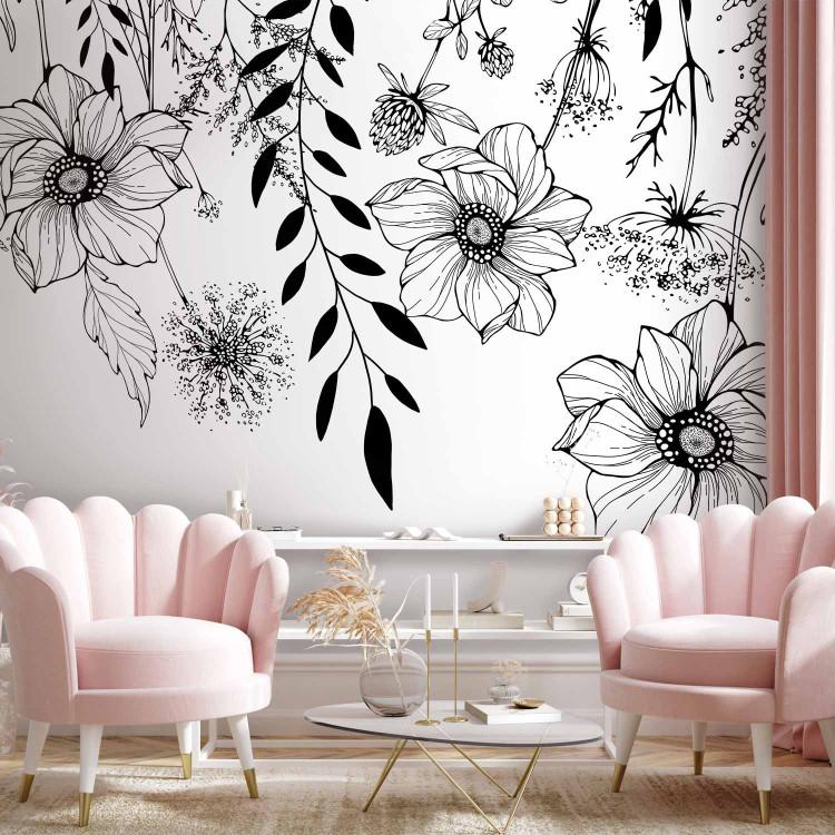 Wall Mural Graphic meadow - lineart style field flower motif on white background