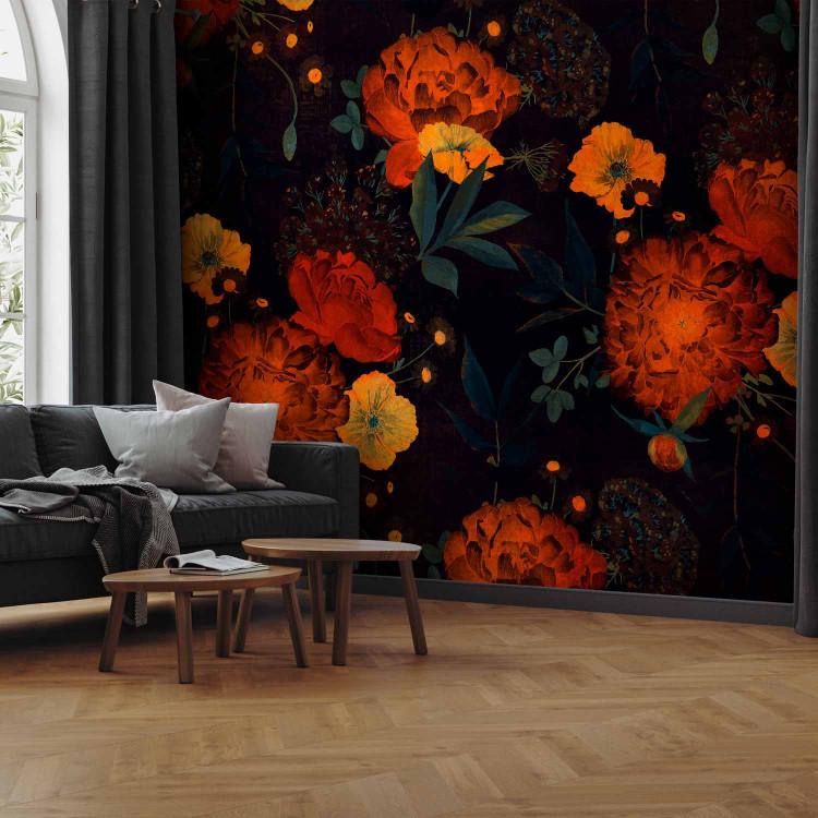 Wall Mural Nature - composition of flowers in sunny colours on black background