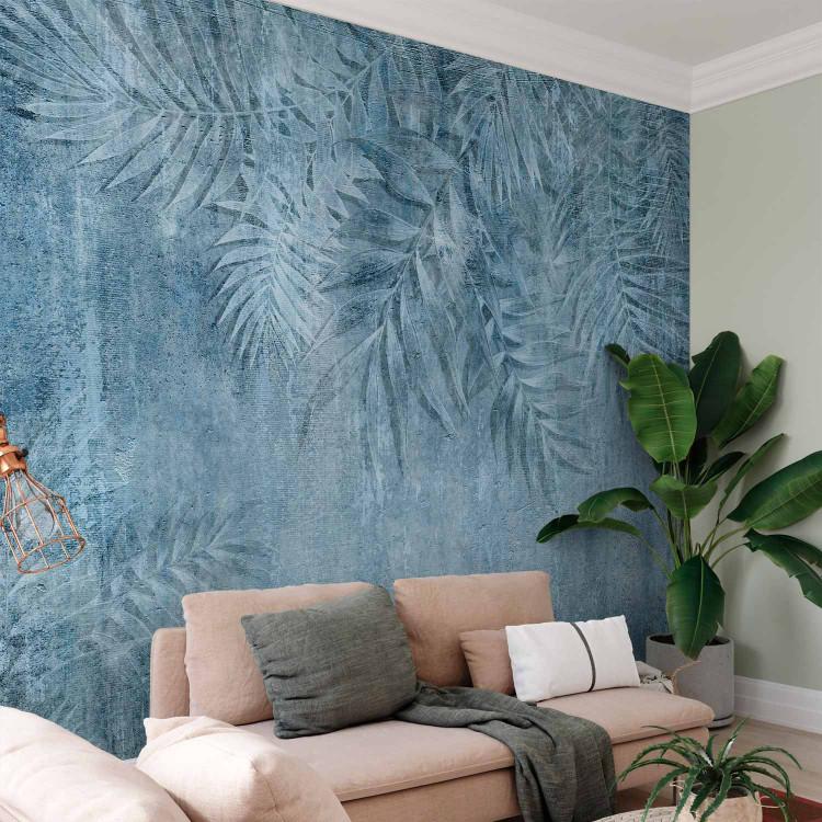 Wall Mural Vintage style palm tree sketch - blue background with texture of palm leaves