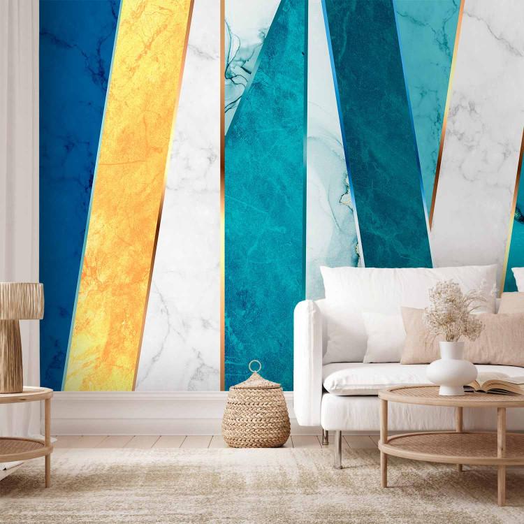Wall Mural Marble and gold - background with geometric combination of blue stripes