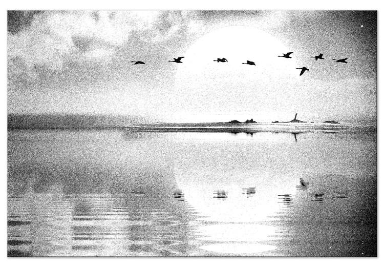 Canvas Print Flight of Birds over the Lake (1-piece) Wide - black and white landscape