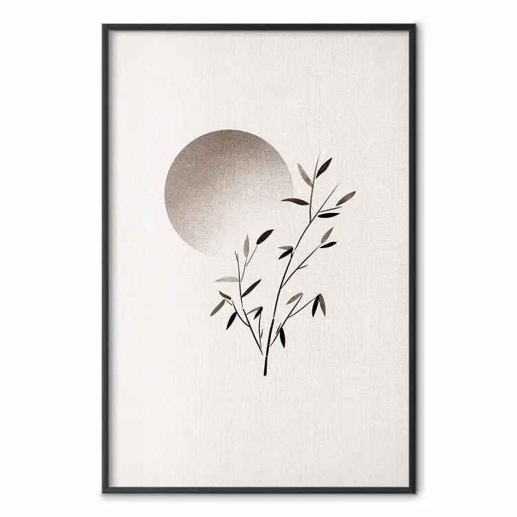 Eastern Minimalism - Branch with Leaves and Sun in Japandi Style on a Light Background
