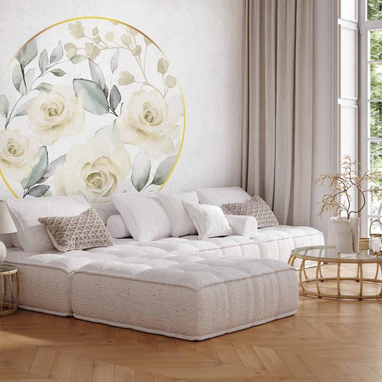 Wall Mural Rose circle - romantic flowers in beige tones with paint effect