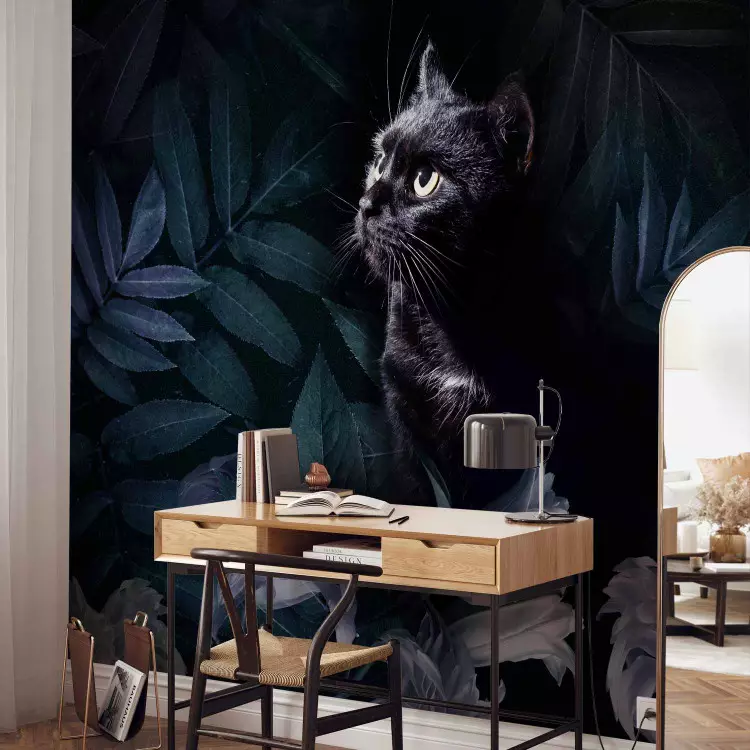 Wall Mural Animal motif - black cat surrounded by blue leaves and flowers