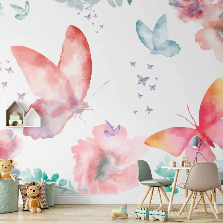 Garden - colourful composition of flowers and butterflies on a solid background in white