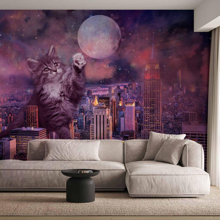 Wall Mural Animal in New York - purple cat motif on a city and moon background
